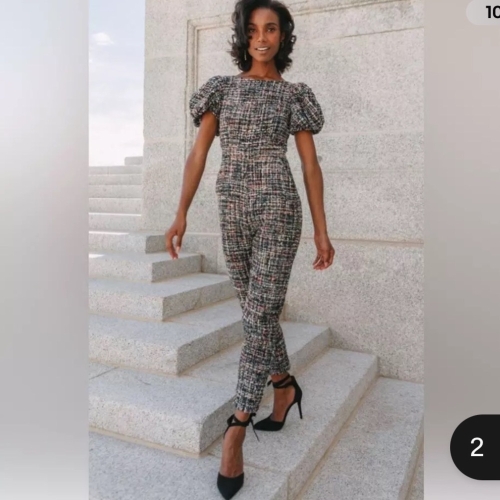 IVY CITY CO. Roxie Tweed Multicolor Jumpsuit with Sequin‎ Details